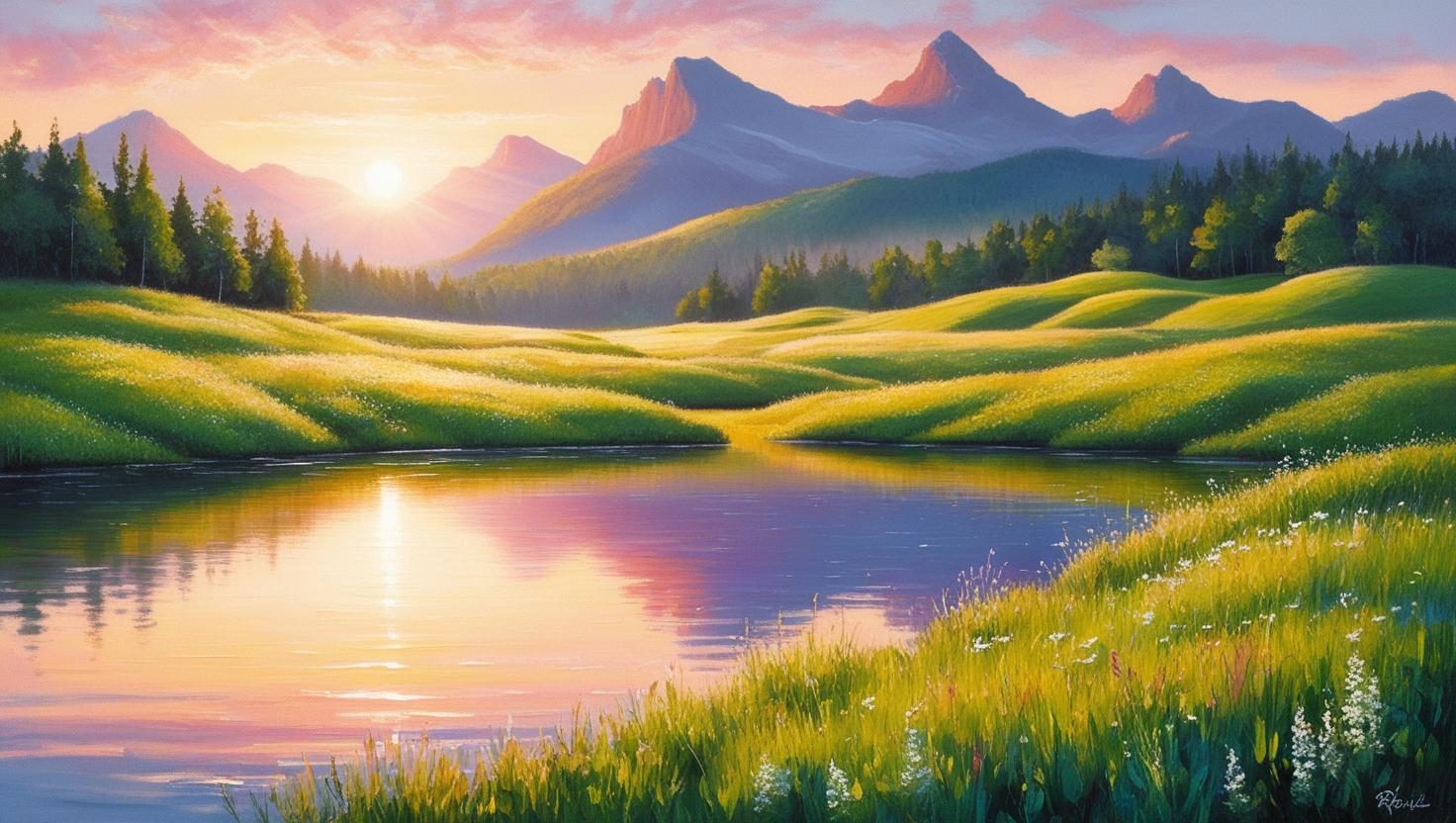 Image of mountains and meadows on a lake with sun setting behind them