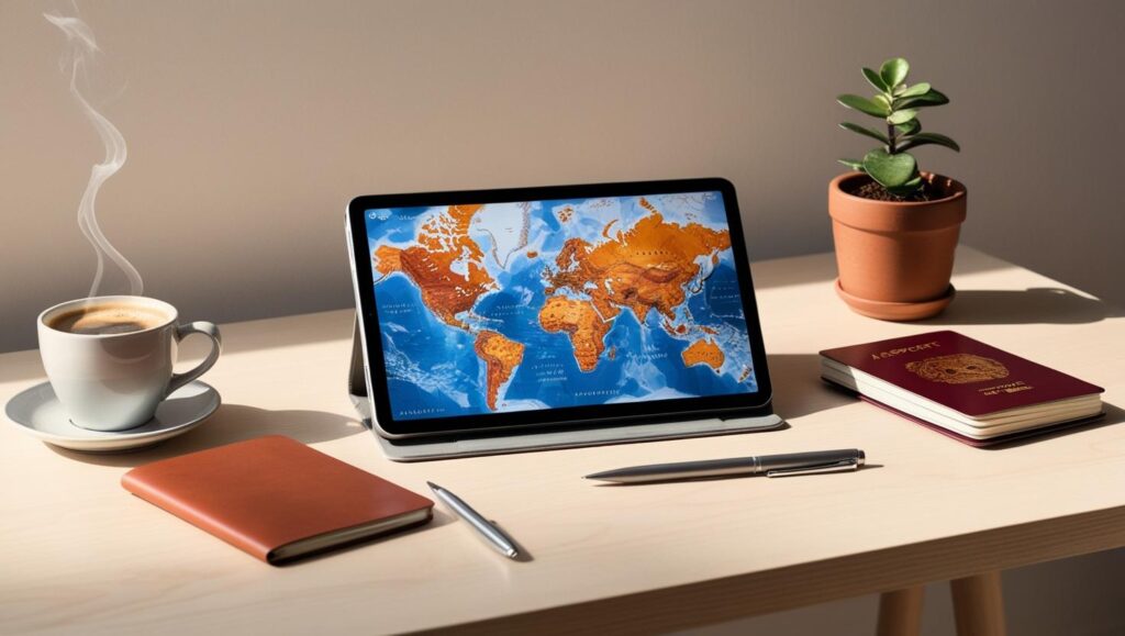 A digital tablet with a picture of the world map, surrounded by a coffee cup to the left, pen, notepad, passport, and maybe a plant (2)