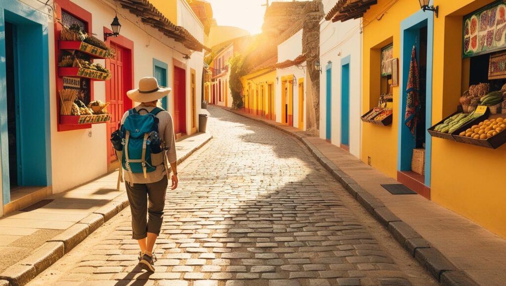 A solo traveler walking through a quiet alleyway local market or off the beaten path destination