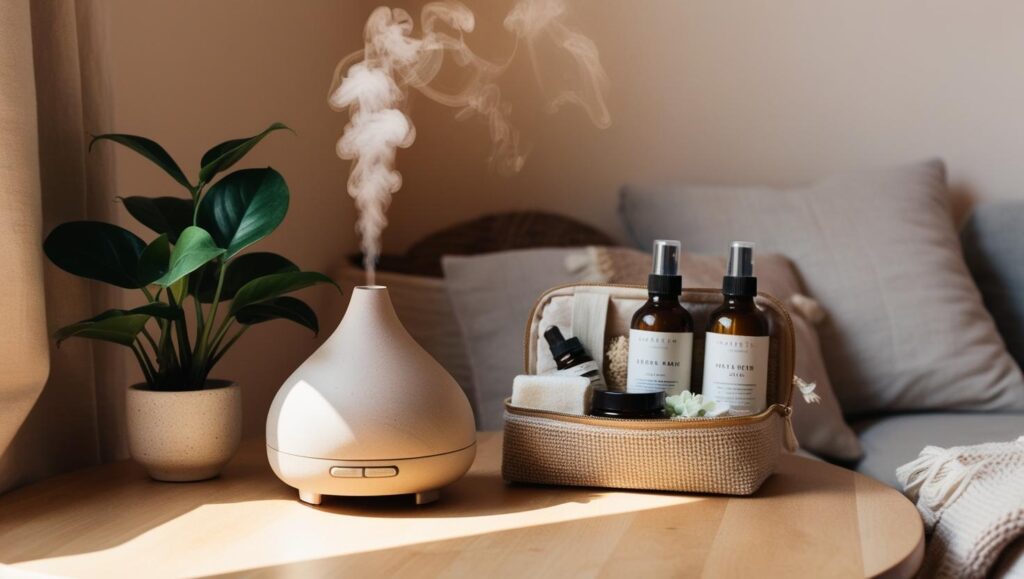 Tranquil Wellness Scene at Home Cozy, clutter-free space with soft tones — maybe a diffuser, plant, or self-care kit. Subtle, soothing, and aligns with at-home wellness.